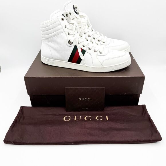 Gucci Web Stripe Coda High Top White Leather Sneakers US Men’s 11.5 - Picture 1 of 15